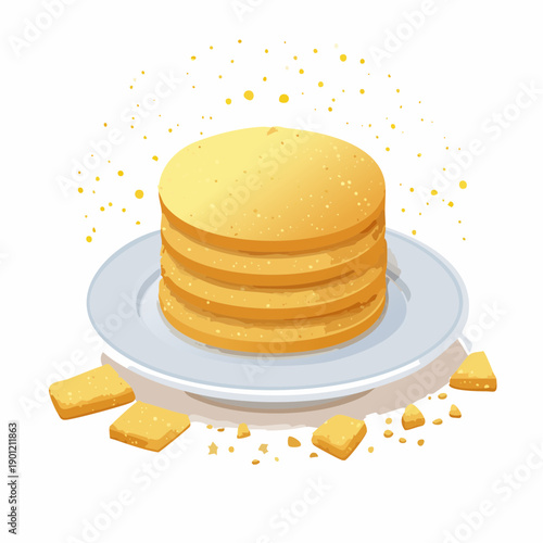 Golden Stack of Fluffy Pancakes on a White Plate with Scattered Crumbs, A Perfect Sweet Treat for Breakfast or Dessert