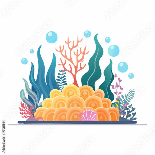 Vibrant Underwater Ecosystem Illustration Featuring Coral Reefs, Seaweed, and Bubbles for Marine Life Studies