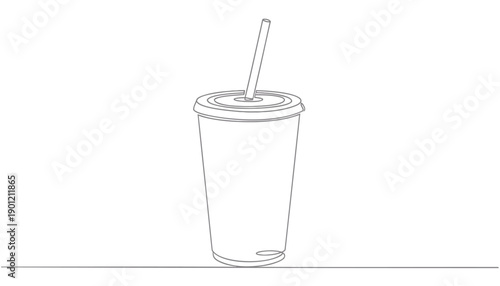 Vector line drawing of a clear plastic cup with straw, for mockup or template, Isolated on transparent background, png