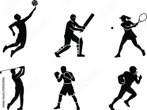 Golfer, Boxer, Volleyball, Cricket, Tennis and American Football Players Sports Silhouette Icons