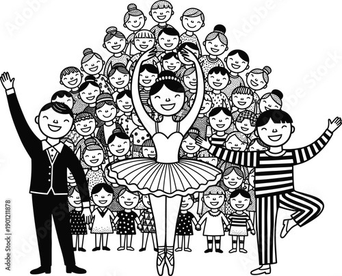 Joyful ballet performance with smiling children crowd, black and white vector illustration, happy dance celebration, cartoon characters, stage show, festival, scene