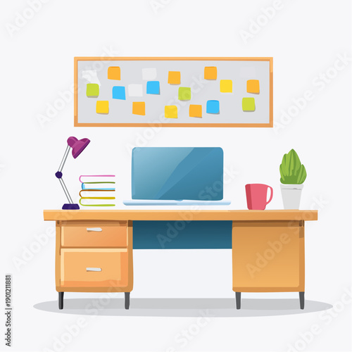 Modern Workspace with Laptop, Books, and Sticky Notes on a Bulletin Board