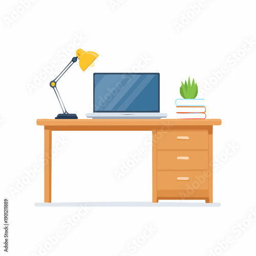 Minimalist home office setup with a laptop, desk lamp, and plant on a wooden table, perfect for remote work or study