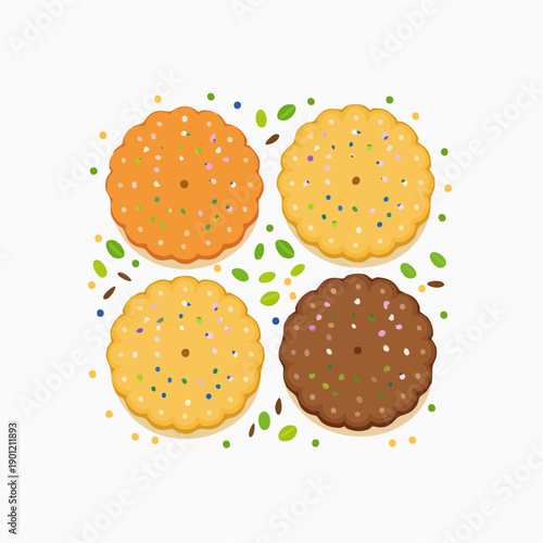 Four Frosted Sugar Cookies Decorated With Sprinkles On White Background