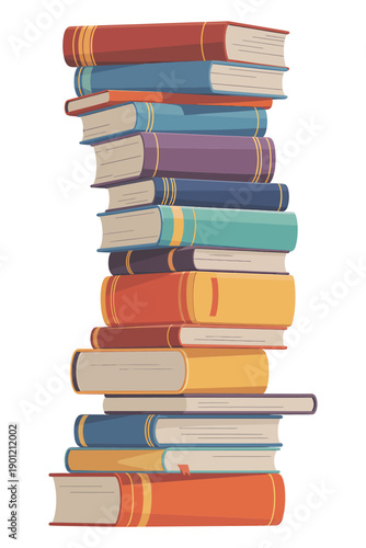 A colorful stack of books is neatly arranged showcasing varied sizes and bindings