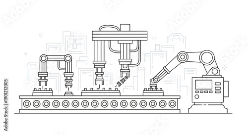 Robotic arms assemble products on a factory production line with machinery.