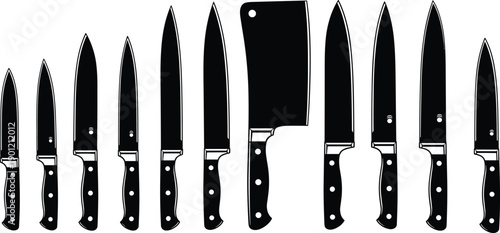 Kitchen knife set vector illustration featuring twelve culinary blades in various shapes and sizes. Ideal for cooking design, food preparation, and chef tools.Kitchen knife set vector illustration 