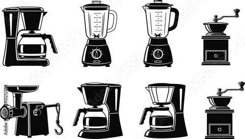 Kitchen appliance silhouette set, coffee maker, blender, grinder, food prep tools, culinary equipment, vector sketch, flat cad drawing illustration
