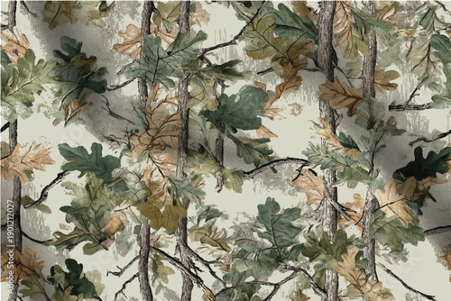 A camouflage pattern with an oak tree theme, featuring leaves and branches in earthy tones of green, brown, and grey, set against the backdrop of a natural woodland.