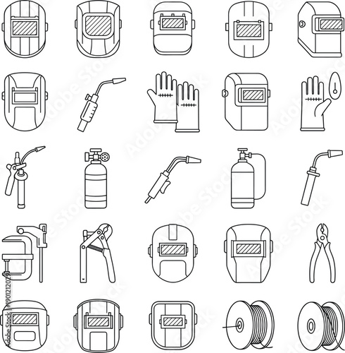 Comprehensive vector line icons of welding masks gas cylinders torches and safety equipment for industrial metalworking।