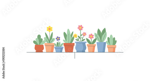 Delightful row of various potted plants with colorful flowers and green leaves, symbolizing gardening, nature, and home