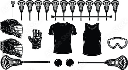 Lacrosse equipment vector set, featuring black silhouettes of helmets, sticks, gloves, balls, jerseys, and goggles, ideal for sports team branding and athletic design.