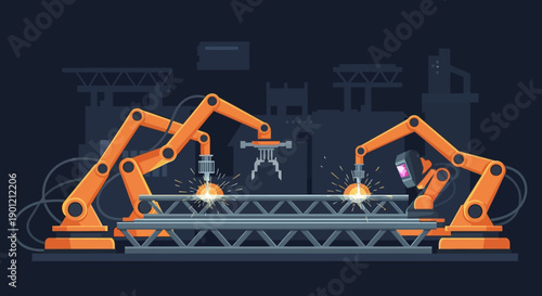 Robotic arms welding metal beams in an industrial factory setting