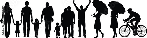 Large collection of black human silhouettes featuring families holding hands with children happy couples individuals with umbrellas and a cyclist isolated on white background