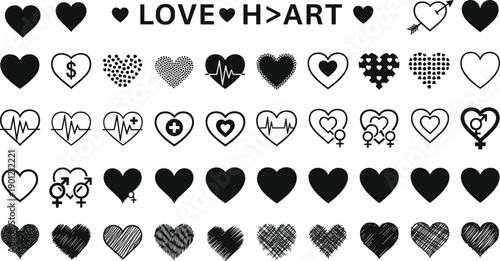 Large collection of black heart silhouettes and outline icons featuring various styles like medical heartbeat gender symbols finance and hand drawn sketches for romance design.