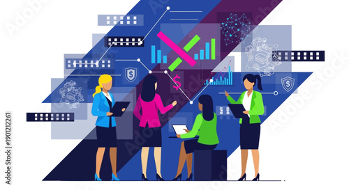 Female Business Leaders Team Analyzing Data Strategy, Financial Charts, and Digital Technology. Corporate Collaboration and Fintech Illustration.