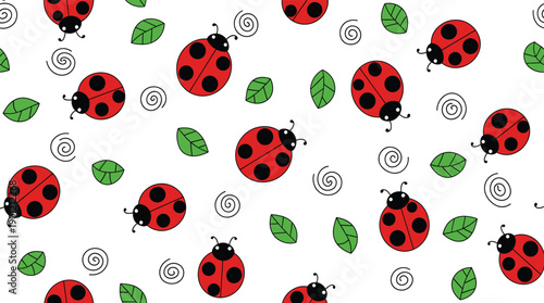 Seamless ladybug and leaf vector pattern with cute red beetles green foliage and whimsical swirls for springtime textiles or children's nursery decor