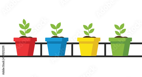 Vibrant young plants flourishing in colorful pots arranged neatly on a dark line against a bright white background.