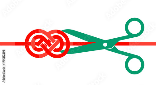 Green Scissors Cutting Red Tape Knot - Simplification and Problem Solving Vector Illustration