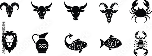 A set of black silhouette icons representing the various  signs for astrology
