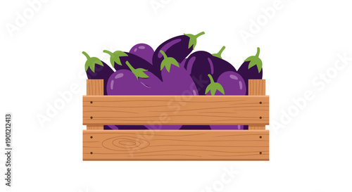 Abundant pile of ripe deep purple eggplants completely filling a sturdy wooden crate, ready for market display against