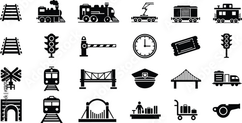 Set of train and railway transportation icons in black and white silhouette