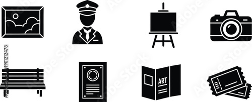 A comprehensive set of icons for museum, art gallery, and cultural exhibit elements and activities