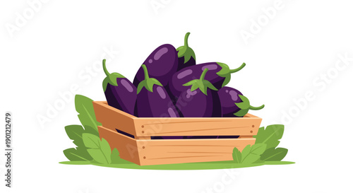Freshly harvested organic eggplants with green stems nestled in a rustic wooden crate surrounded by vibrant green