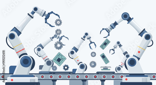 Robotic arms assemble machinery parts on a production line efficiently.