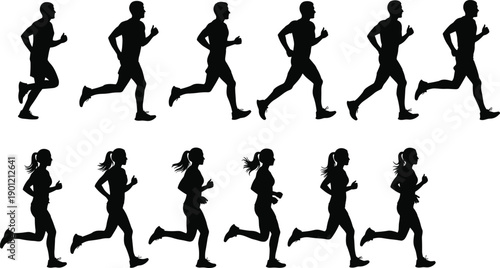 Male and female runner silhouettes sequence showing jogging and running motion isolated on white background, athletes fitness movement collection for sports design illustration