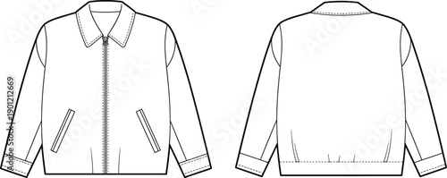 Bomber jacket technical fashion flat sketch, unisex outerwear clothing design vector template, stylish apparel CAD drawing, detailed garment illustration