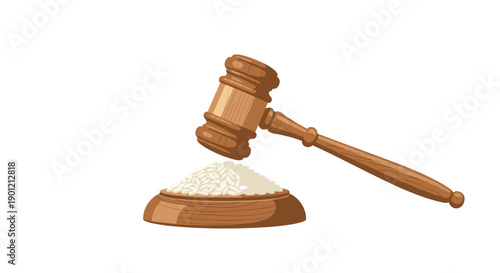 Ceremonial wooden gavel positioned over a small bowl filled with white rice, representing food justice and trade.