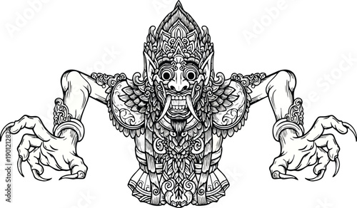 A traditional Balinese mask illustration featuring a mythical creature on a black background.