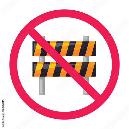 Forbidden sign with road barrier icon, street traffic barricade prohibited symbol, do not block the road sign, no blocking street access symbol, vector illustration
