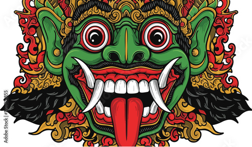 A traditional Balinese mask illustration on a black background is displayed prominently.