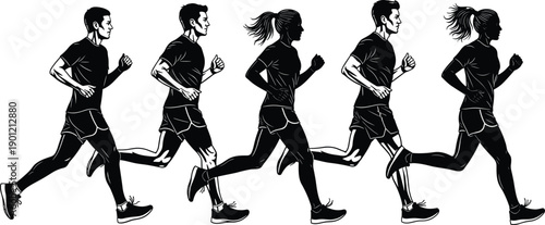 Male and female runners silhouettes set, jogging and running poses showing active people in motion, fitness training vector illustration collection