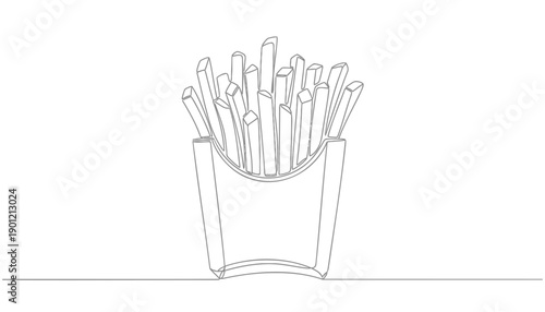 Vector illustration of french fries in a container, one-line drawing style, for food or restaurant mockup, Isolated on transparent background, png