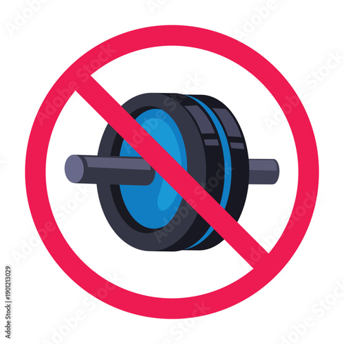 No ab roller sign, do not use ab roller symbol, abdominal roller prohibited icon, prohibited fitness equipment sign, vector illustration