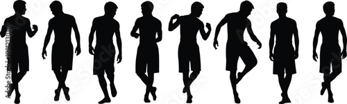 Male athlete silhouettes walking and standing poses, sporty men figures in motion, fitness training, healthy lifestyle and sports activity concept vector illustration