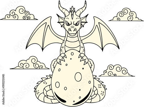 A mythical dragon sitting on an egg surrounded by clouds in a fantasy landscape from a front viewpoint