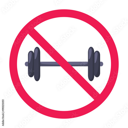 No barbell sign, forbidden sign with barbell icon, weightlifting prohibited symbol, do not lift weights symbol, no gym equipment sign, prohibited strength training icon, vector illustration