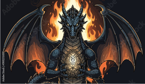 A majestic dragon surrounded by flames, viewed from the front, with wings spread wide, embodying myth and legend.