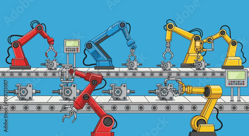 Robotic arms assemble products on a factory production line with industry machines