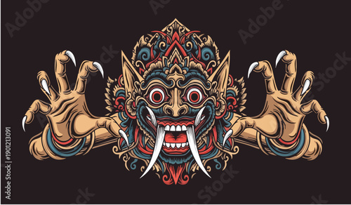 A Traditional Balinese mask illustration displayed prominently on a dark setting.