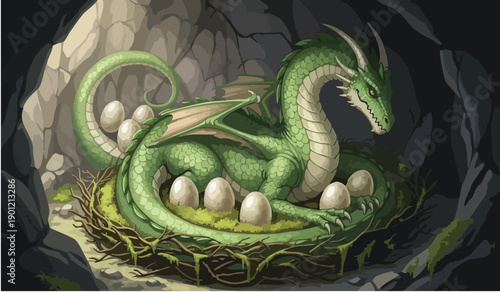 A green dragon guarding its eggs in a nest within a dark cave, illustration from a close-up viewpoint