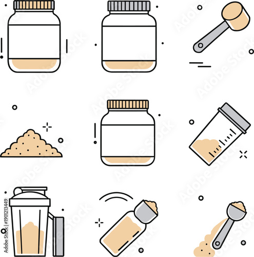 Modern vector icons of protein powder jars supplement containers and protein shakers for fitness and nutrition।