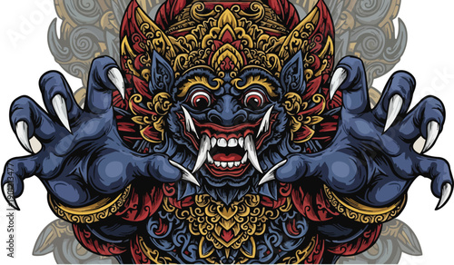 A fierce blue creature with sharp teeth and claws, illustrated in a traditional Balinese style, showcasing intricate details and vibrant colors.