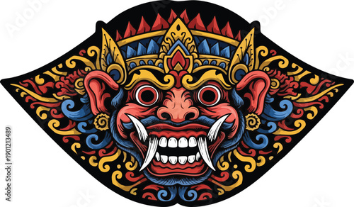 Traditional Balinese mask illustration showcasing cultural heritage and traditional art on a decorative display