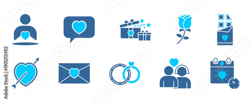 Valentine icon collection set. Containing heart, love, gift, rose, chocolate, cupid arrow, love letter, ring, couple, romantic calendar. dual tone vector.
