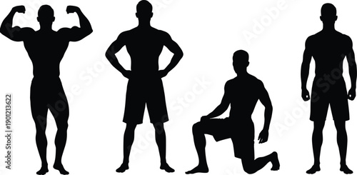 Male fitness body silhouettes set, muscular men standing flexing kneeling poses, gym workout anatomy strength training vector illustration isolated black figures collection